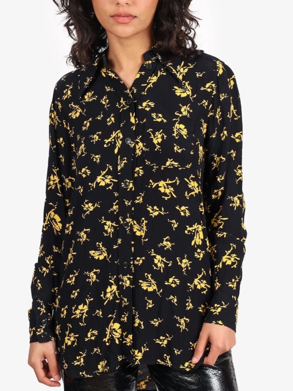 Ganni Falling Floral Print Button Down Tunic Shirt in Black and Yellow Flowers